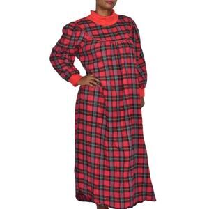 Vintage Ilise Stevens Flannel Nightgown Red Plaid Tartan High Collar Long Large